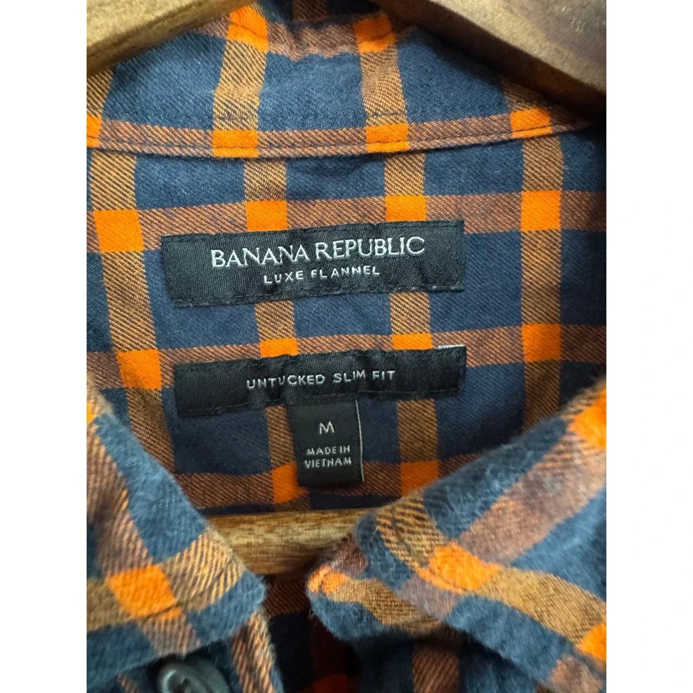 Banana Republic Luxe Flannel Shirt‎ Mens M Orange Navy Slim Fit Excellent Plaid